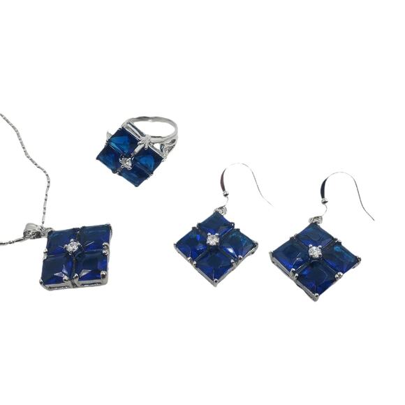 Vintage Simulated Blue Sapphire Necklace, Earrings, and Size 9 Ring Set - NOS - Picture 2 of 9